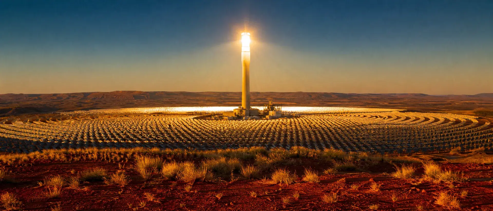 Concept render of a molten-salt tower CST plant at sunset: a glowing central receiver above a field of heliostats in Pilbara-style country
