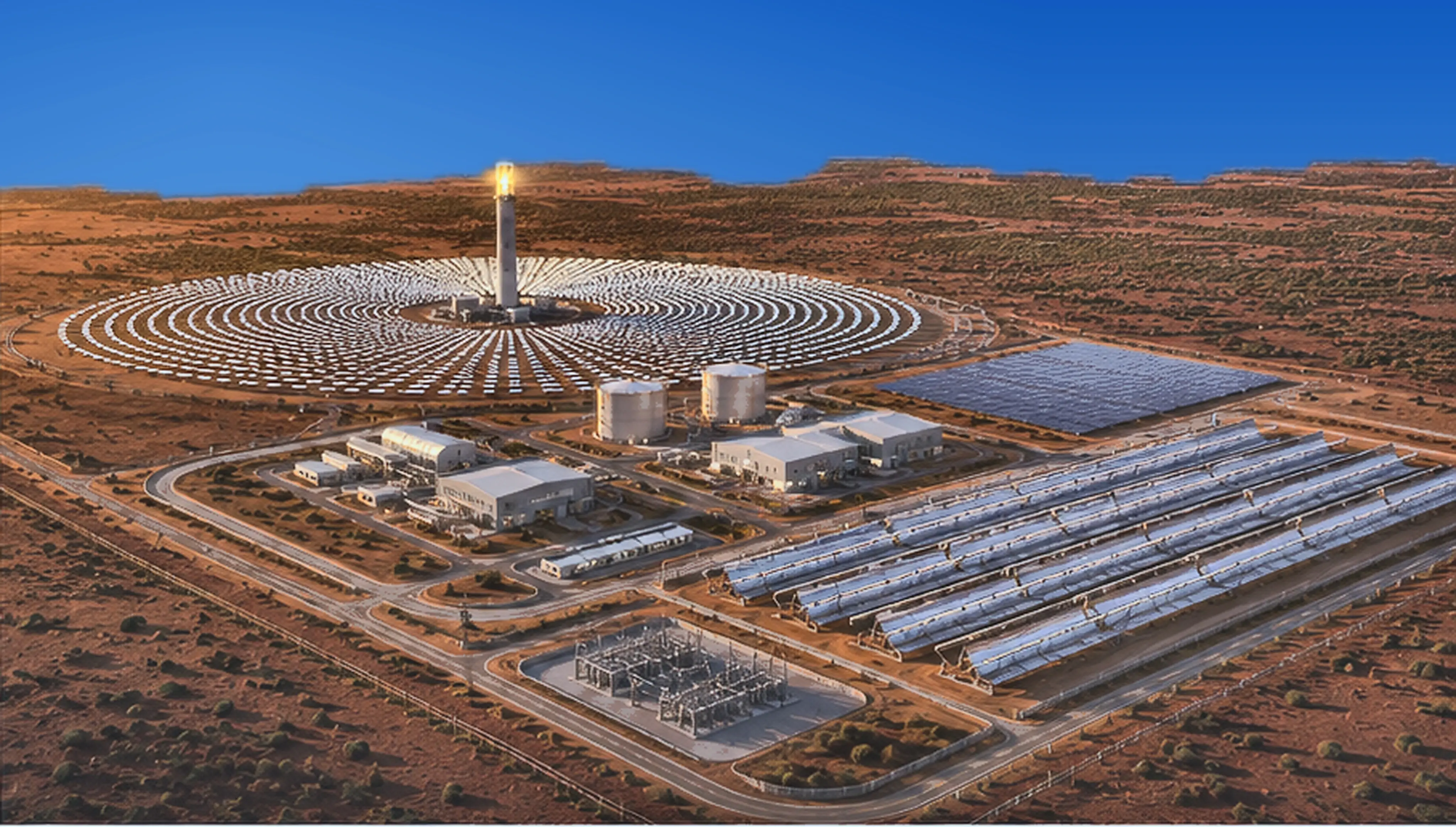 Concept render, aerial view of a hybrid solar park: a central tower and heliostat rings beside trough rows and PV arrays in red-earth country