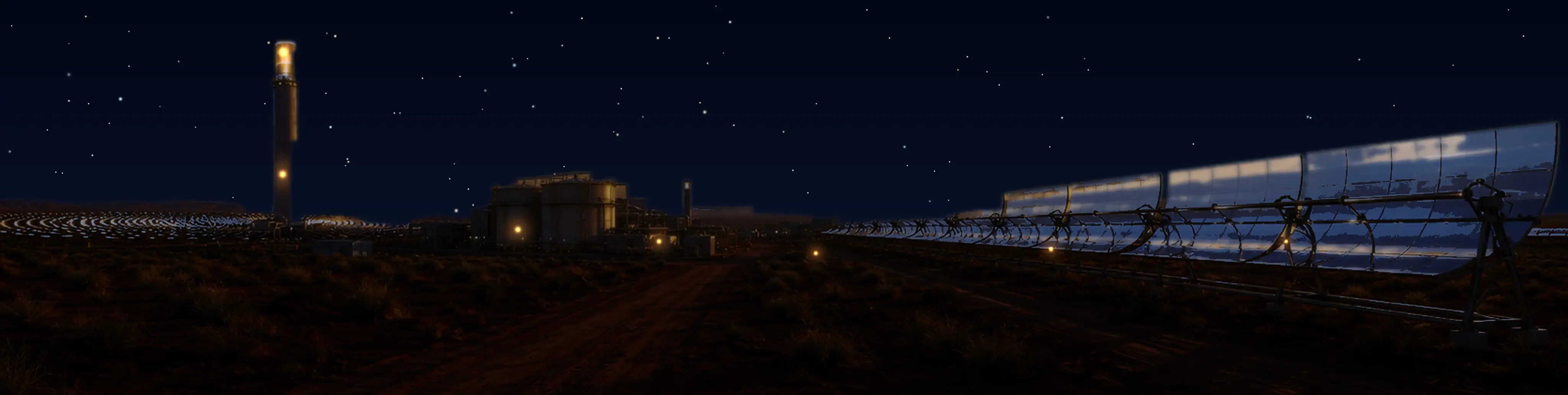 Concept render, wide panorama of a hybrid solar park at night: the tower receiver still lit while trough rows and PV sit dark under the stars